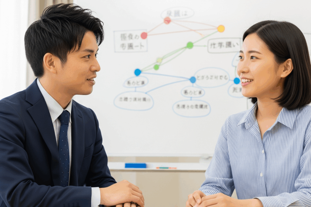 Youtopiaのキャリアコンサルタントによる、キャリアパスについて話し合うパーソナルな面談の様子