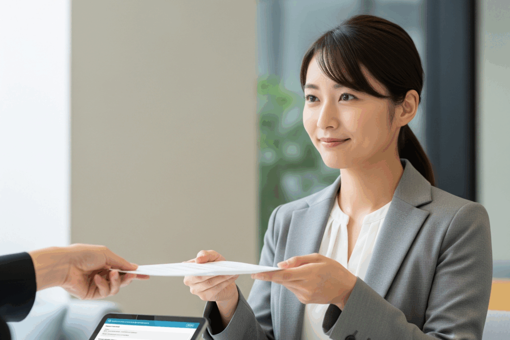 Youtopiaの人材紹介サービスにおける、迅速かつ丁寧な書類の受け渡しの様子を示すビジネスシーンのイメージ