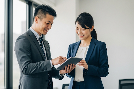 Youtopiaの専任コンサルタントが、採用後の定着サポートのため顧客企業の担当者と打ち合わせをする様子