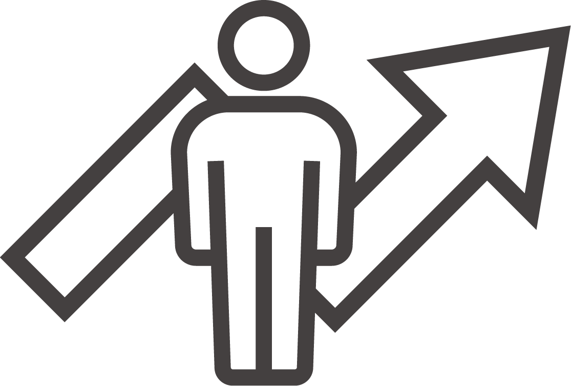 Youtopiaの売上高・成長率を示す、右肩上がりの矢印の上を歩む人物のアイコン